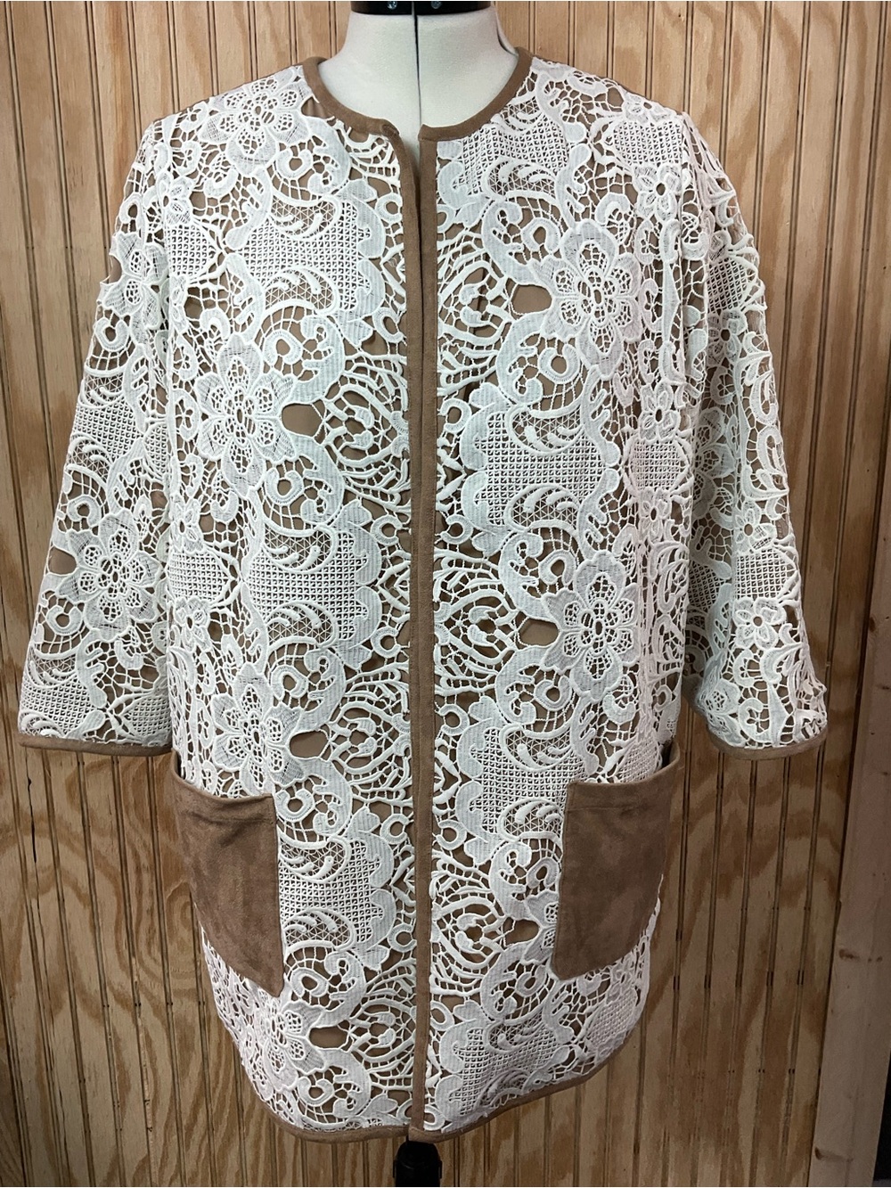 Chico's White Crochet Lace Jacket with Tan Trim